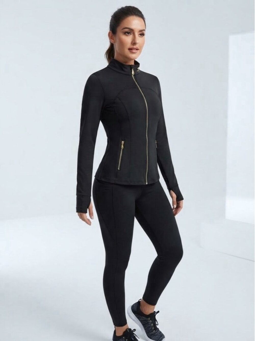 Uncia Active Full Zip Jacket Black Gold Zipper Thumbholes Women XL NWOT Athletic